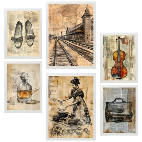 Set Di 6 Stampe Stile Di Vita Femminile Vintage Incorniciato Con Illustrazioni Di Design Per La Decorazione Delle Pareti Di Casa A3 & A4 Cornice Bianca - Foto 1