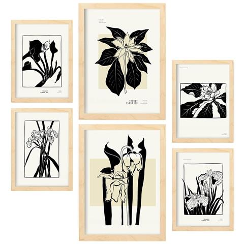 Set Di 6 Stampe Stampe Artistiche In Stile Schizzo Esotico Con Inchiostro Nero Per L'interior Design A3 & A4 Telaio In Legno Chiaro - Foto 1