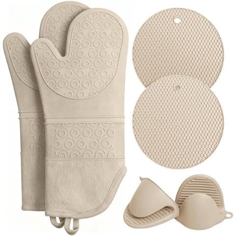 Set Di Guanti Da Forno In Silicone Da 6 Pezzi: Presine Resistenti Al Calore, Essenziali Per La Cucina Beige - Foto 1