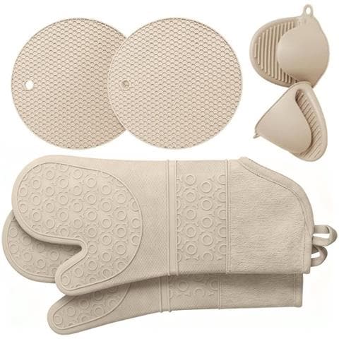 Set Di Guanti Da Forno In Silicone Da 6 Pezzi: Presine Resistenti Al Calore, Essenziali Per La Cucina Beige - Foto 2