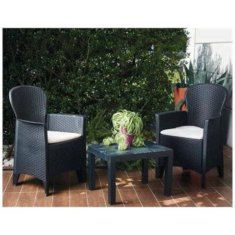 Set Salotto Da Esterno Foggia, Set Da Giardino Con 2 Poltrone Ed 1 Tavolino, Salottino Effetto Rattan Con Cuscini, 100% Made In Italy, Antracite - Foto 1