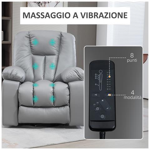 Poltrona Alzapersona Reclinabile Con 8 Punti Massaggianti E Telecomando, In Microfibra, 94x96x106 Cm, Grigio - Foto 6
