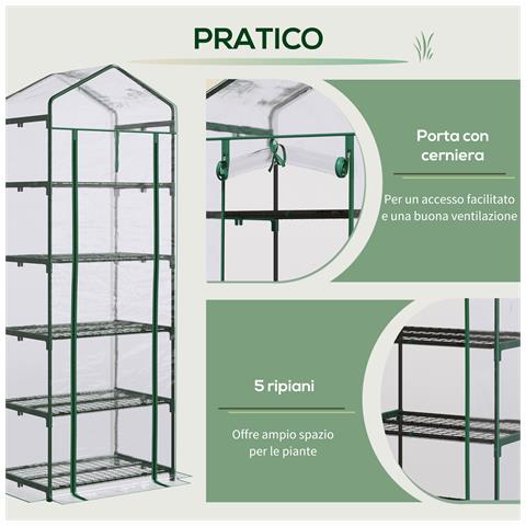 Mini Serra Da Giardino E Terrazza Per Piante A 5 Ripiani In Acciaio Con Copertura In Pvc, 69x49x193 Cm, Verde - Foto 4