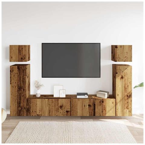 Set Mobile Tv 8 Pz Montato A Parete Legno Antico In Truciolato - Foto 3