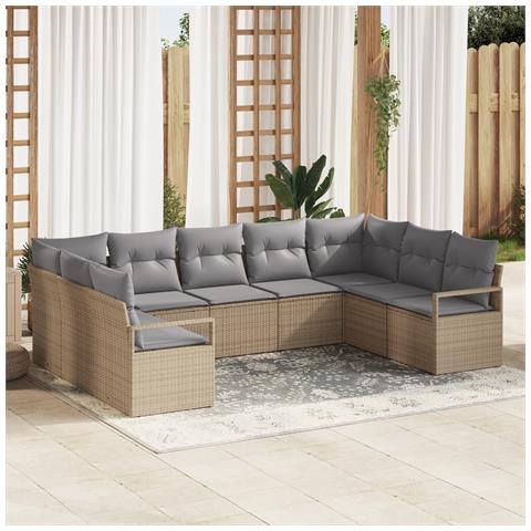 Set di Divano da Giardino  9 Pezzi con Cuscini Beige Rattan Poliestere, Divano da Giardino con Cuscini  per Due Persone Beige Rattan Poliestere - Foto 2