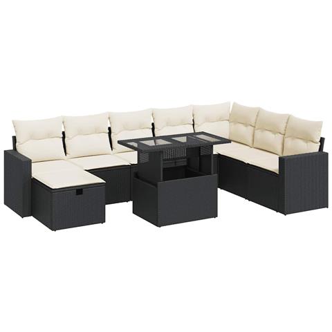 Set Divani da Giardino 9 pz con Cuscini Nero in Polyrattan - Foto 1