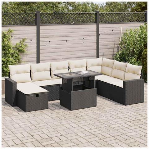 Set Divani da Giardino 9 pz con Cuscini Nero in Polyrattan - Foto 2
