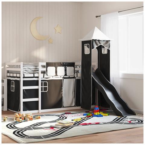 Letto a Castello con Scivolo e Tende Bianco e Nero 80x200 cm - Foto 2