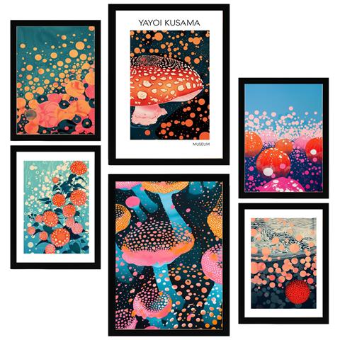 Set Di 6 Stampe Fungo E Fiore D'acqua Di Yayoi Kusama, Opera D'arte Giapponese Con Cornice E Illustrazioni Di Design Per Le Pareti Della Tua Casa A3 & A4 Cornice Nera - Foto 1