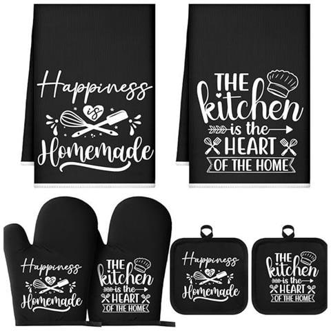 Set Da Cucina In Cotone Da 6 Pezzi: Guanti Da Forno Resistenti Al Calore, Presine E Asciugamani Assorbenti Black - Foto 1