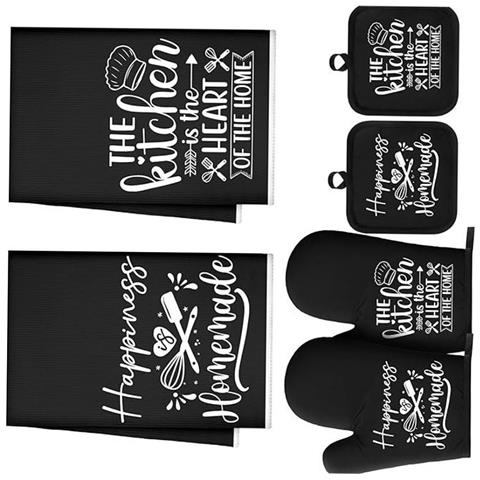 Set Da Cucina In Cotone Da 6 Pezzi: Guanti Da Forno Resistenti Al Calore, Presine E Asciugamani Assorbenti Black - Foto 2