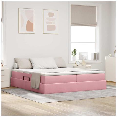 Letto con contenitore e materasso Rosa 200 x 200 cm Velluto - Foto 2