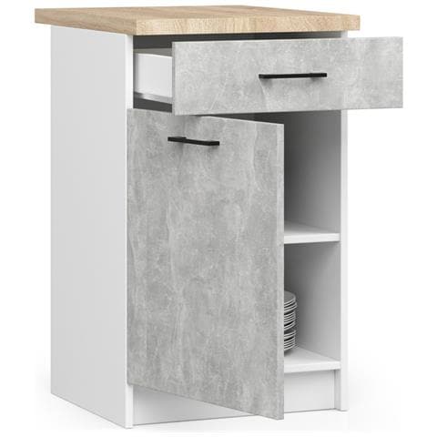 Mobile cucina modulare con piano di lavoro OLIWIA, 1 anta e 1 cassetto, 50x46x85 cm, Colore Bianco e Grigio Cemento - Foto 2