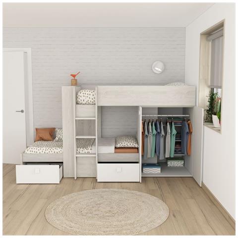 Cameretta 1266 Con Letto A Castello Con Due Cassettoni E Armadio Reversibile Colore Bianco Vintage - Foto 1