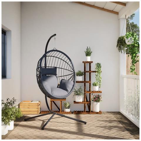 Sedia A Uovo Sospesa Con Supporto Grigio In Rattan E Acciaio - Foto 3