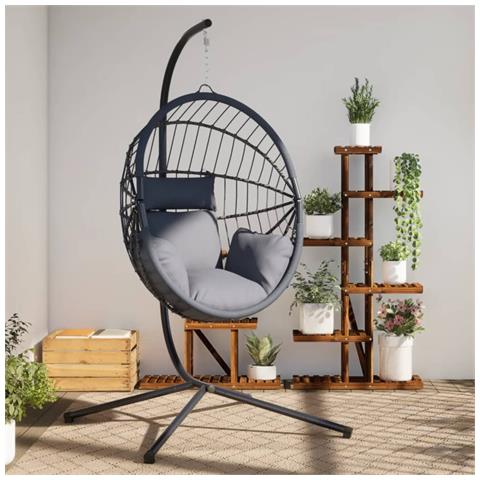 Sedia A Uovo Sospesa Con Supporto Grigio In Rattan E Acciaio - Foto 1