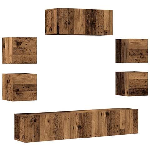 Set Mobile Tv 7 Pz Montato A Parete Legno Antico In Truciolato - Foto 2