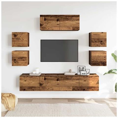 Set Mobile Tv 7 Pz Montato A Parete Legno Antico In Truciolato - Foto 3