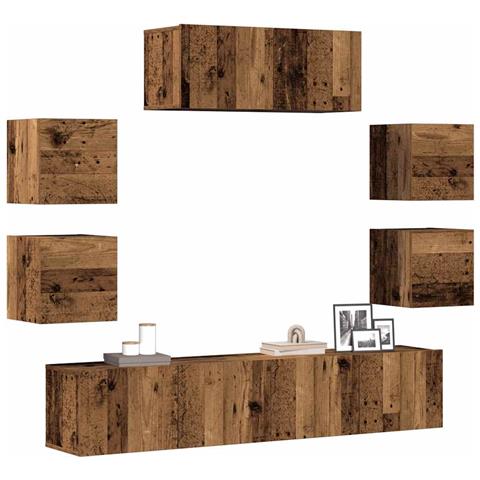 Set Mobile Tv 7 Pz Montato A Parete Legno Antico In Truciolato - Foto 1