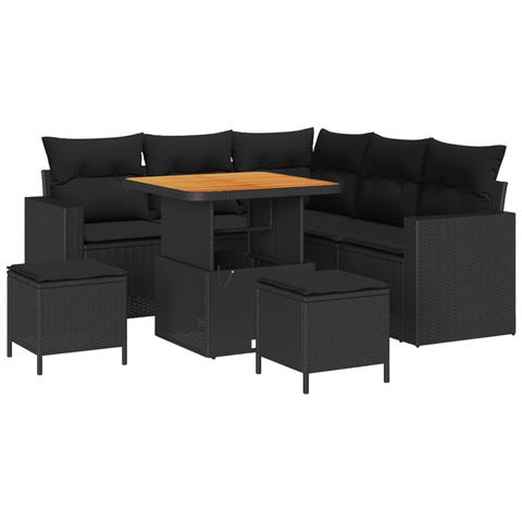 Set di 8 pezzi di divani da giardino con cuscini in polirattan nero acacia, Set da pranzo da giardino a 3 pezzi con cuscini in polirattan nero acacia - Foto 1