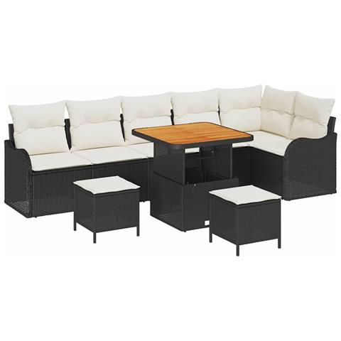 Set di Divani da Giardino con Cuscini 9 Pezzi Polyrattan Nero Acacia, Divano da Giardino 2 Posti con Ripostiglio e Cuscini Polyrattan Nero, Set da Pranzo da Giardino 3 Pezzi con Cuscini Polyrattan Nero Acacia - Foto 1