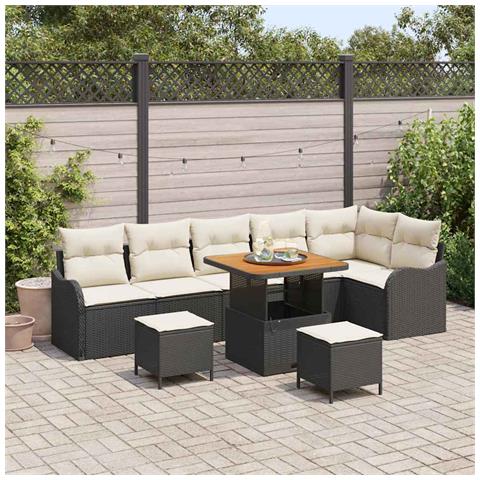 Set di Divani da Giardino con Cuscini 9 Pezzi Polyrattan Nero Acacia, Divano da Giardino 2 Posti con Ripostiglio e Cuscini Polyrattan Nero, Set da Pranzo da Giardino 3 Pezzi con Cuscini Polyrattan Nero Acacia - Foto 2