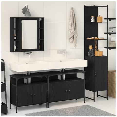 Set di Mobili per Bagno di 4 Pezzi in Rovere Nero e Legno Ingegnerizzato - Foto 2