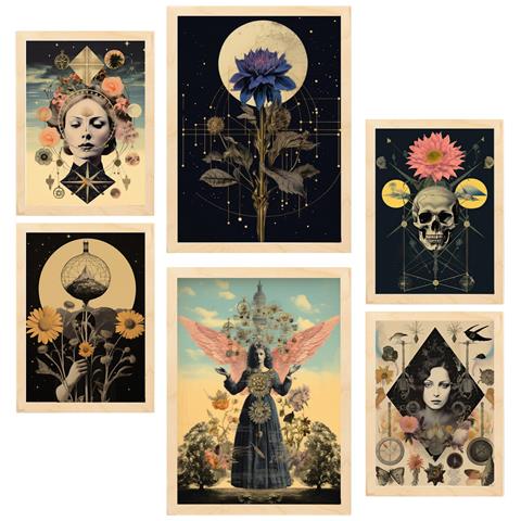 Set Di 6 Stampe Dipinto Decorativo Collage Surreale In Floreale Mistico Esoterico Incorniciato Con Illustrazioni A3 & A4 Telaio In Legno Chiaro - Foto 1