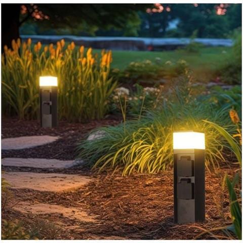 Piantana LED da Giardino 30cm con Portafaretto G9 e 2 Prese 16A Schuko in Acciaio Inossidabile Nero IP44 - Foto 2