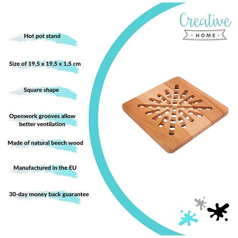 Sottopentola Quadrata In Legno | 19,5 X 19,5 X 1,5 Cm | Legno Di Faggio Naturale | Reversibile | Protezione Di Tavoli E Piani Di Lavoro | Resistente Al Calore E Rispettoso Dell'ambiente - Foto 2