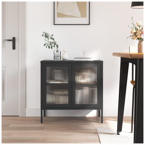 Credenza Nera 70x35x70 Cm Vetro E Acciaio - Foto 6