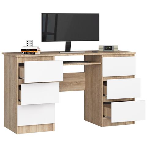 Scrivania per computer A11, 6 cassetti, 135x50x77 cm, Colore Sonoma Quercia e Bianco - Foto 2
