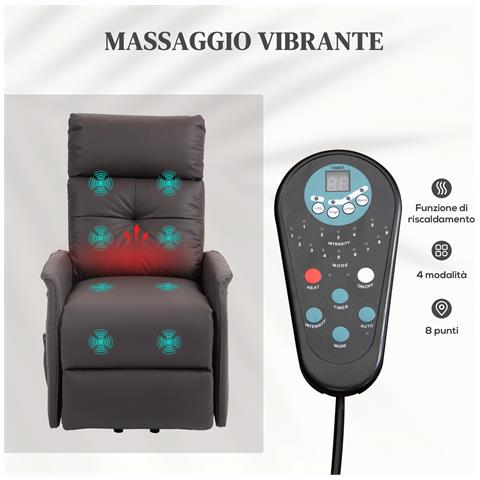 Poltrona Relax Alzapersona E Reclinabile Con 8 Punti Massaggio E Riscaldamento, 2 Telecomandi, Marrone - Foto 6