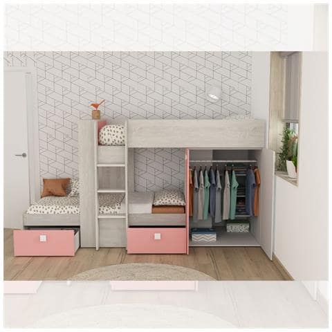 Cameretta 1267 Con Letto A Castello Con Due Cassettoni E Armadio Reversibile Colore Bianco Consumato E Rosa Flamingo - Foto 1