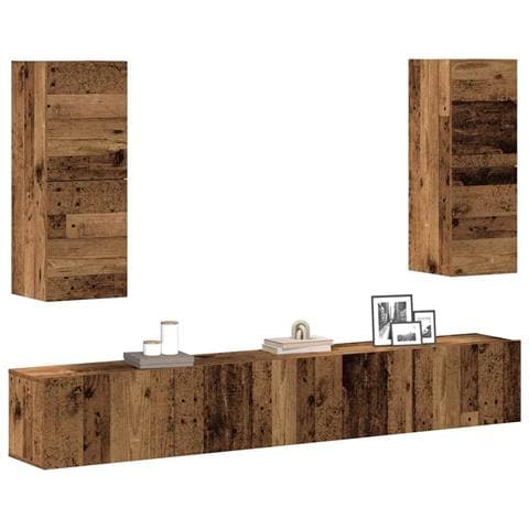 Set Mobile Tv 4 Pz Montato A Parete Legno Antico In Truciolato - Foto 1
