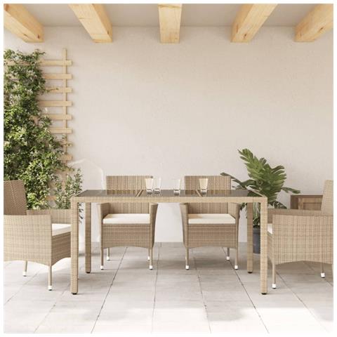 Tavolo Da Giardino Piano In Vetro Beige 150x90x75 Cm Polyrattan - Foto 2