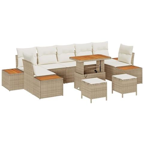 Set da divano da giardino  10 pezzi con cuscini Beige Polirattan Acacia, Set da pranzo da giardino  3 pezzi con cuscini Beige Polirattan Acacia - Foto 1