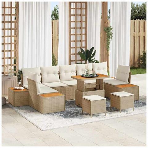 Set da divano da giardino  10 pezzi con cuscini Beige Polirattan Acacia, Set da pranzo da giardino  3 pezzi con cuscini Beige Polirattan Acacia - Foto 2