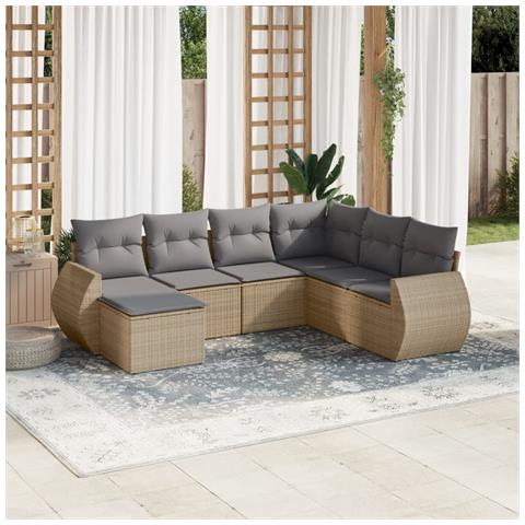 Set Divani da Giardino 7 pz con Cuscini Beige in Polyrattan - Foto 2