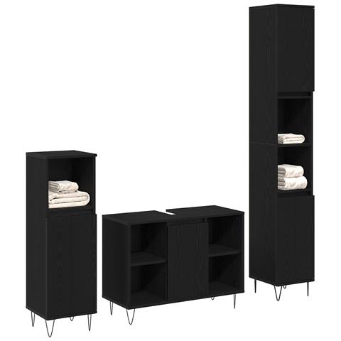 Set di Mobili per Bagno in 3 Pezzi  Rovere Nero Legno Ingegnerizzato, Mobile da Bagno  Rovere Nero 30x30x190 cm Legno Ingegnerizzato, Mobile da Bagno  Rovere Nero 30x30x100 cm Legno Ingegnerizzato - Foto 2