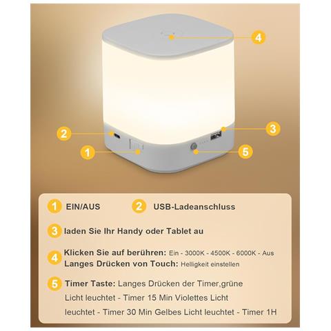 Lampada Da Tavolo A Led, Dimmerabile Al Tocco, Lampada Da Tavolo Bianca, Lampada Da Comodino Ricaricabile Tramite Usb Con(1800mah) - Foto 2