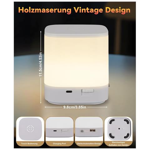 Lampada Da Tavolo A Led, Dimmerabile Al Tocco, Lampada Da Tavolo Bianca, Lampada Da Comodino Ricaricabile Tramite Usb Con(1800mah) - Foto 8