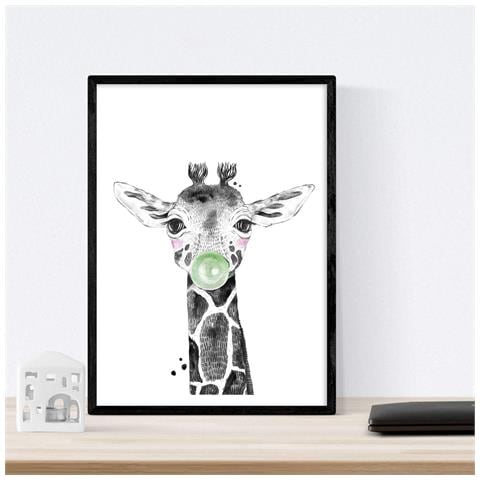 Set Di 6 Stampe Animali Bambini Con Gomma Da Masticare Giraffa Maiale Mucca Zorro Orso Fiamma A3 Cornice Nera - Foto 2