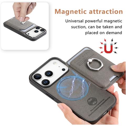 Custodia In Pelle Pu Grigia Compatibile Con Iphone 17 Con Porta Carte Magnetico E Anello Di Supporto - Foto 2