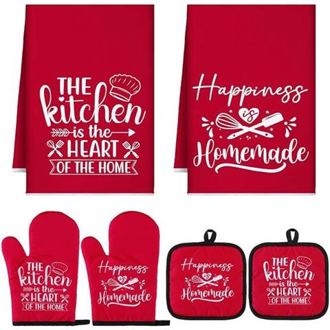 Set Da Cucina In Cotone Da 6 Pezzi: Guanti Da Forno Resistenti Al Calore, Presine E Asciugamani Assorbenti Red - Foto 1