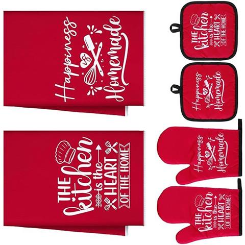 Set Da Cucina In Cotone Da 6 Pezzi: Guanti Da Forno Resistenti Al Calore, Presine E Asciugamani Assorbenti Red - Foto 2