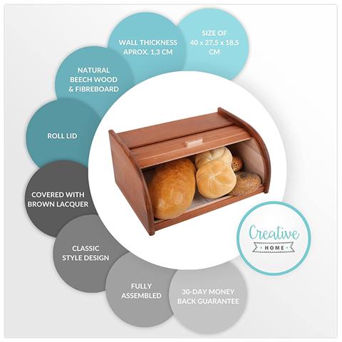 Porta-pane Legno Marrone | Moderno | 40 X 27,5 X 18,5cm | Contenitore Pane | Coperchio Scorrevole Avvolgibile | Apertura Frontale A Scomparsa | Faggio Naturale | Moderno Accessori Cucina - Foto 2