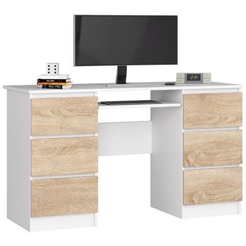 Scrivania per computer A11, 6 cassetti, 135x50x77 cm, Colore Bianco e Sonoma Quercia - Foto 1