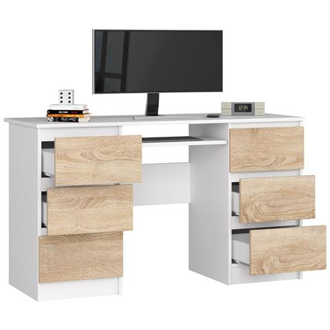 Scrivania per computer A11, 6 cassetti, 135x50x77 cm, Colore Bianco e Sonoma Quercia - Foto 2