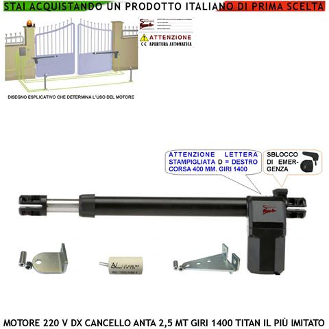 Motore Titan 230 V Ricambio Cancello Anta Lato Destro Corsa Stelo 400 Mm Dotato Di Staffe E Bulloni Sblocco A Chiave P - Foto 1